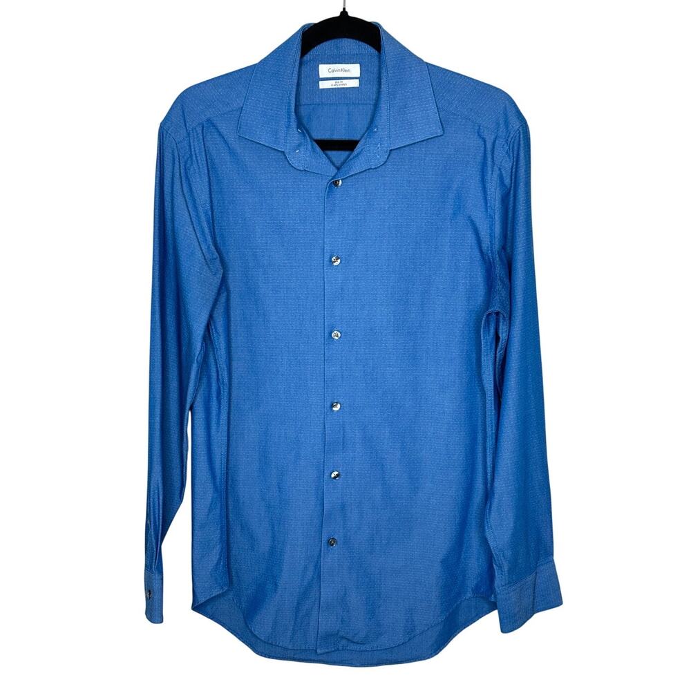 Calvin Klein Slim Fit 4-Way Stretch Blue Button Up Shirt Mens Size M Long Sleeve